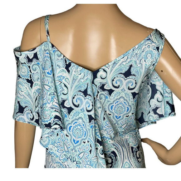 GIGI PARKER WOMENS COLD SHOULDER BLOUSE PAISLEY AQUA XS NEW WITH TAGS - Picture 3 of 9